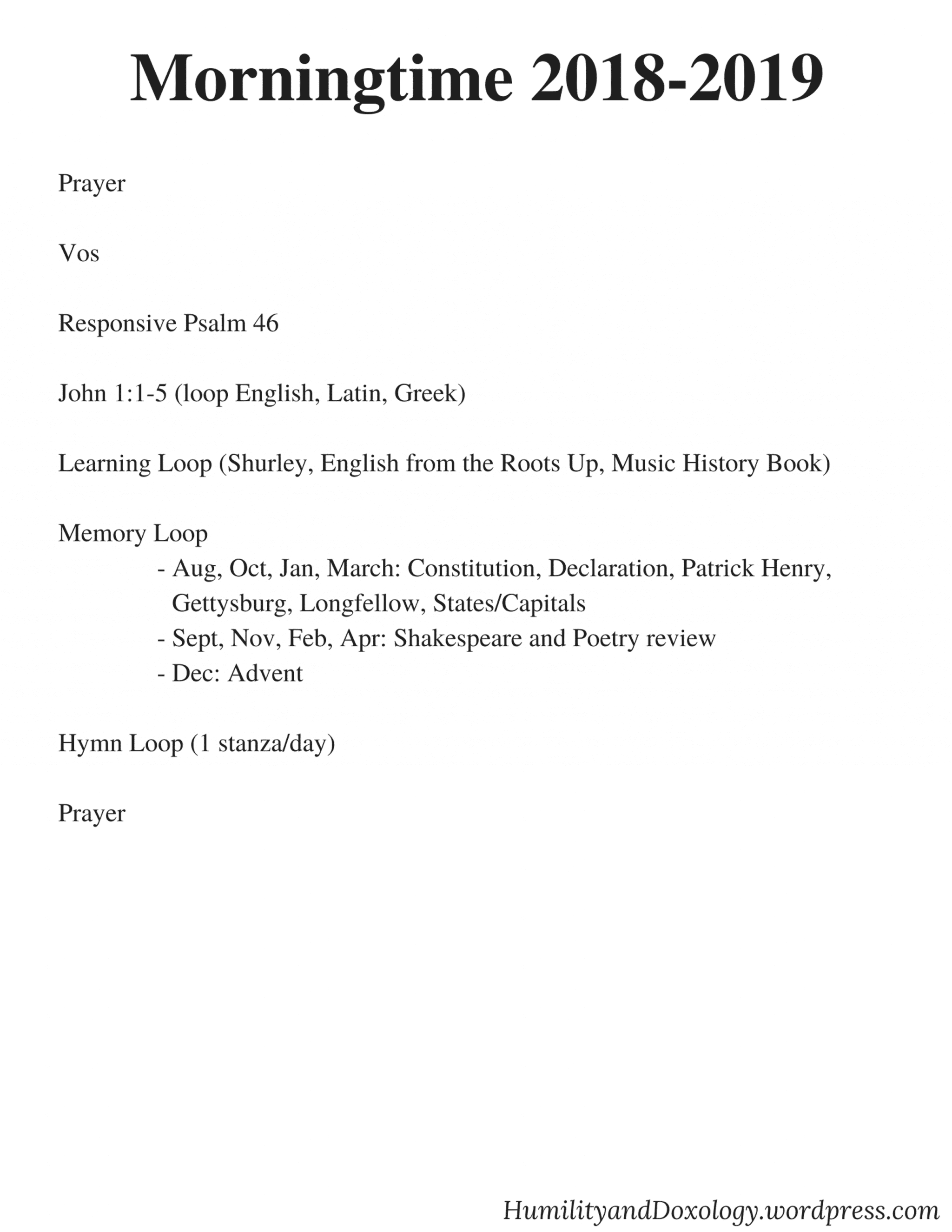 Morningtime 2018-2019 Humility and Doxology