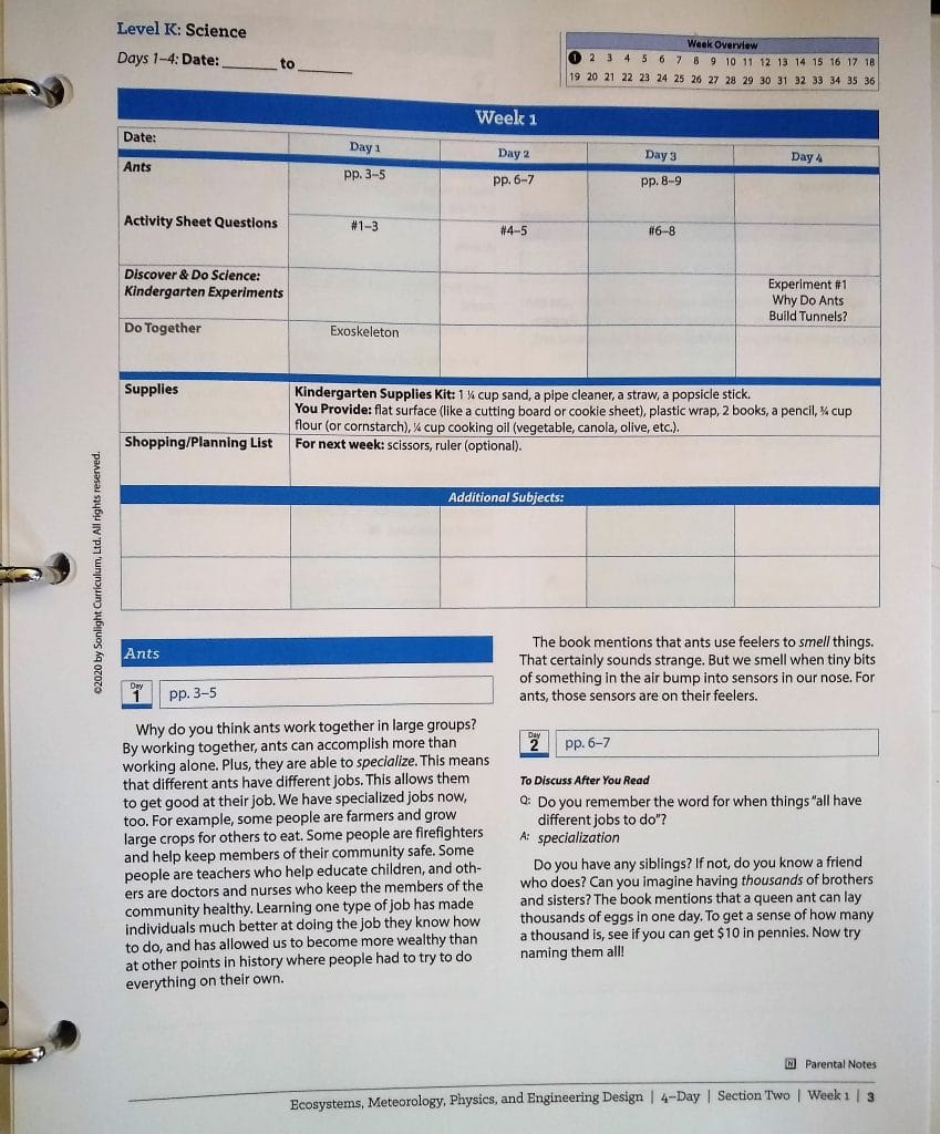 Sonlight Science K review Homeschool Curriculum Discover and Do Instructor's guide