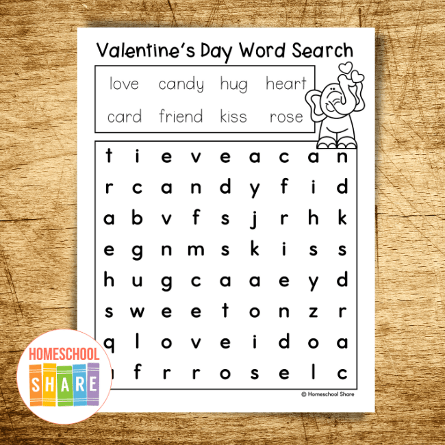 word search free homeschool Valentines Day printables games art activities